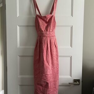 NWT Gap Side Button Apron Midi Denim Dress Pink Flamingo Pockets Size 2